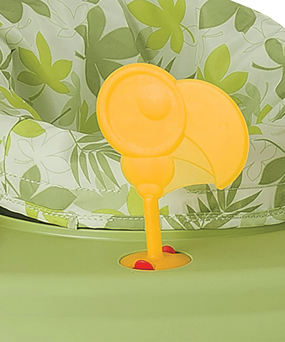 Orange knob-style play lever with water feature on green base under leaf-pattern seat