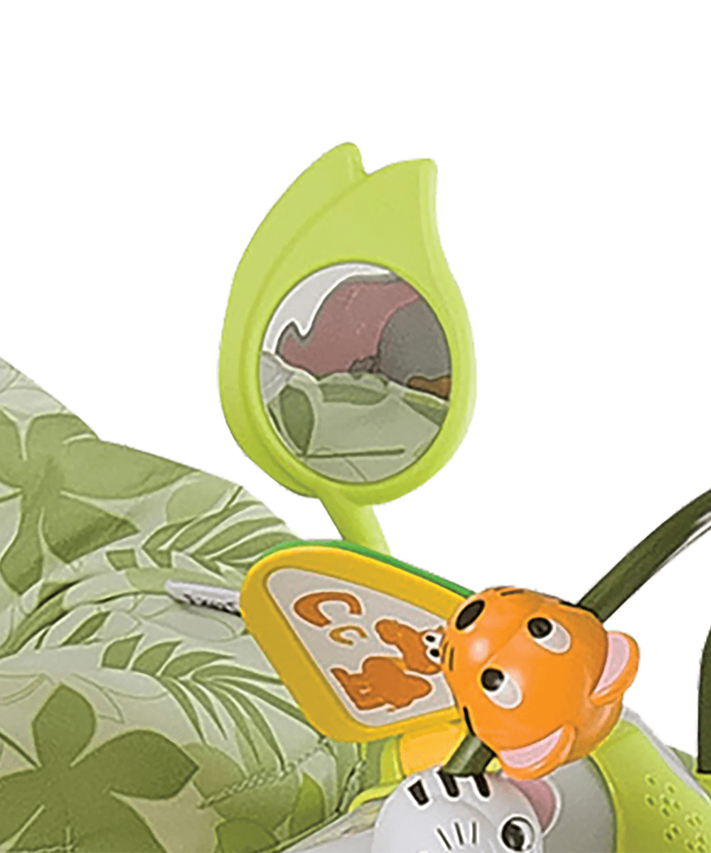 Green teardrop play panel with jungle mirror and lion-faced hanging toy