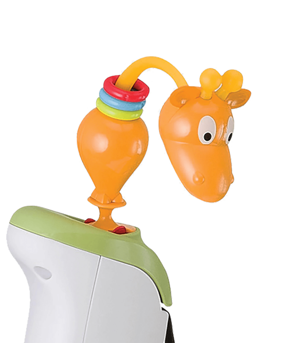 Orange deer head toy with rattling ring and yellow crown on green-and-white arm