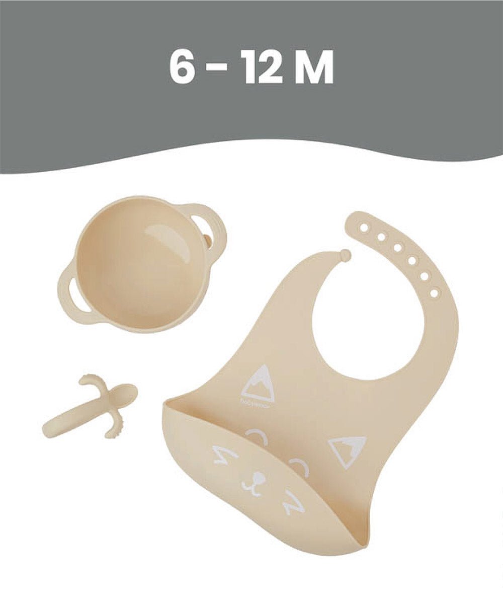 Beige silicone weaning bib, bowl, and feeding spoon set