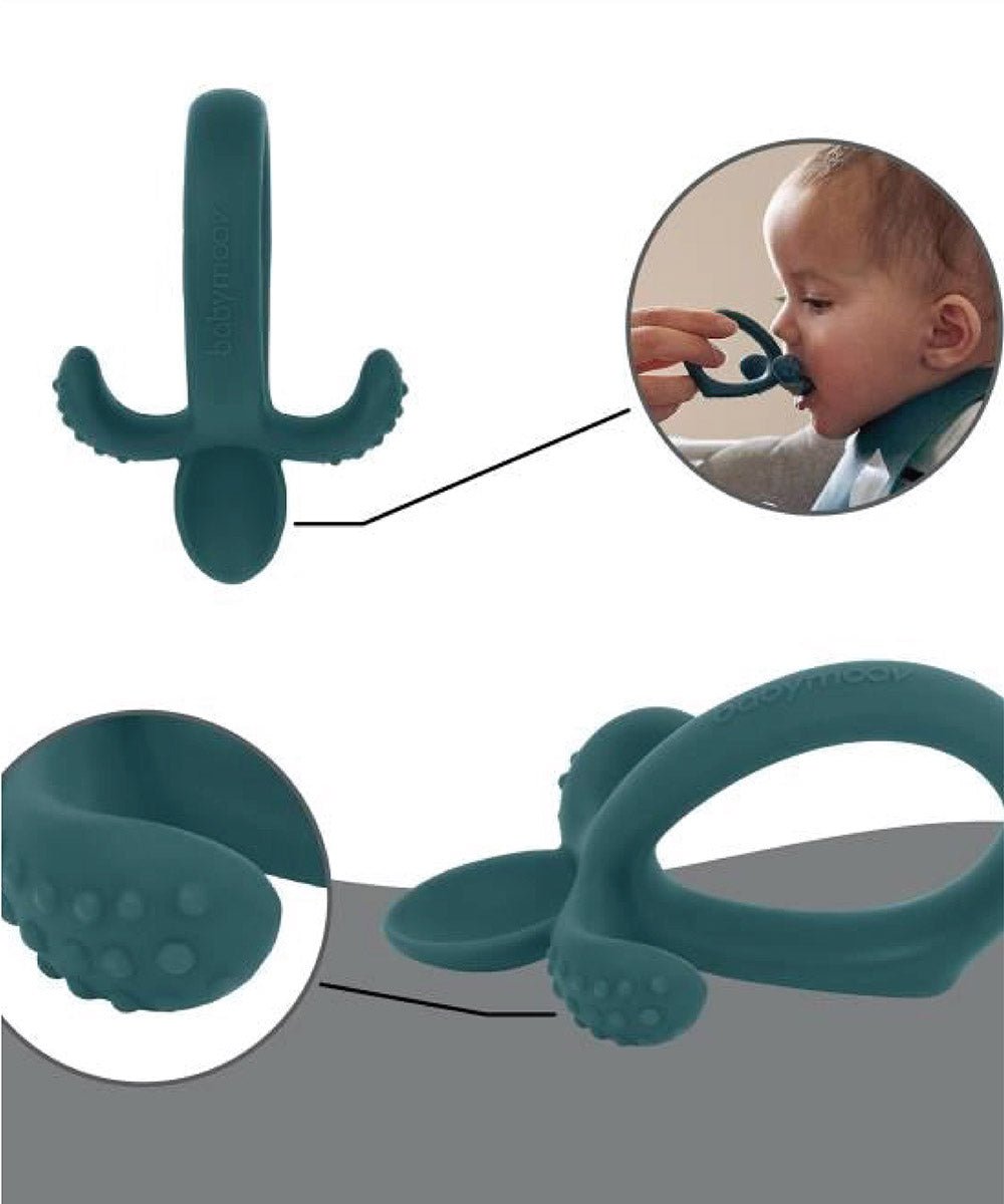 Teal silicone bowl, feeding spoon, and bib set with textured grip pieces