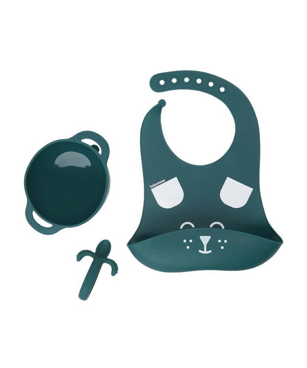 Teal silicone weaning bib set with matching bowl and feeding spoon