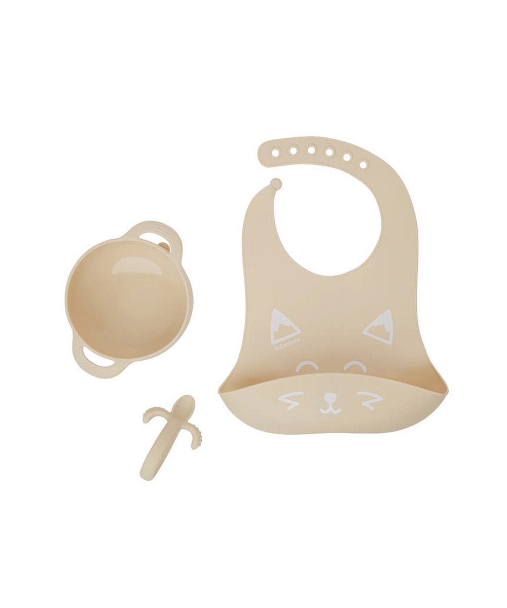 Beige silicone weaning bib set with matching bowl and feeding spoon