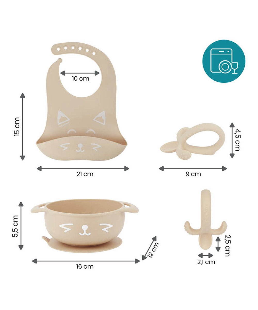 Beige silicone bib, bowl, and feeding spoon set with size indicators