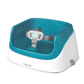 Teal booster seat with grey 5-point harness, molded base with white sides