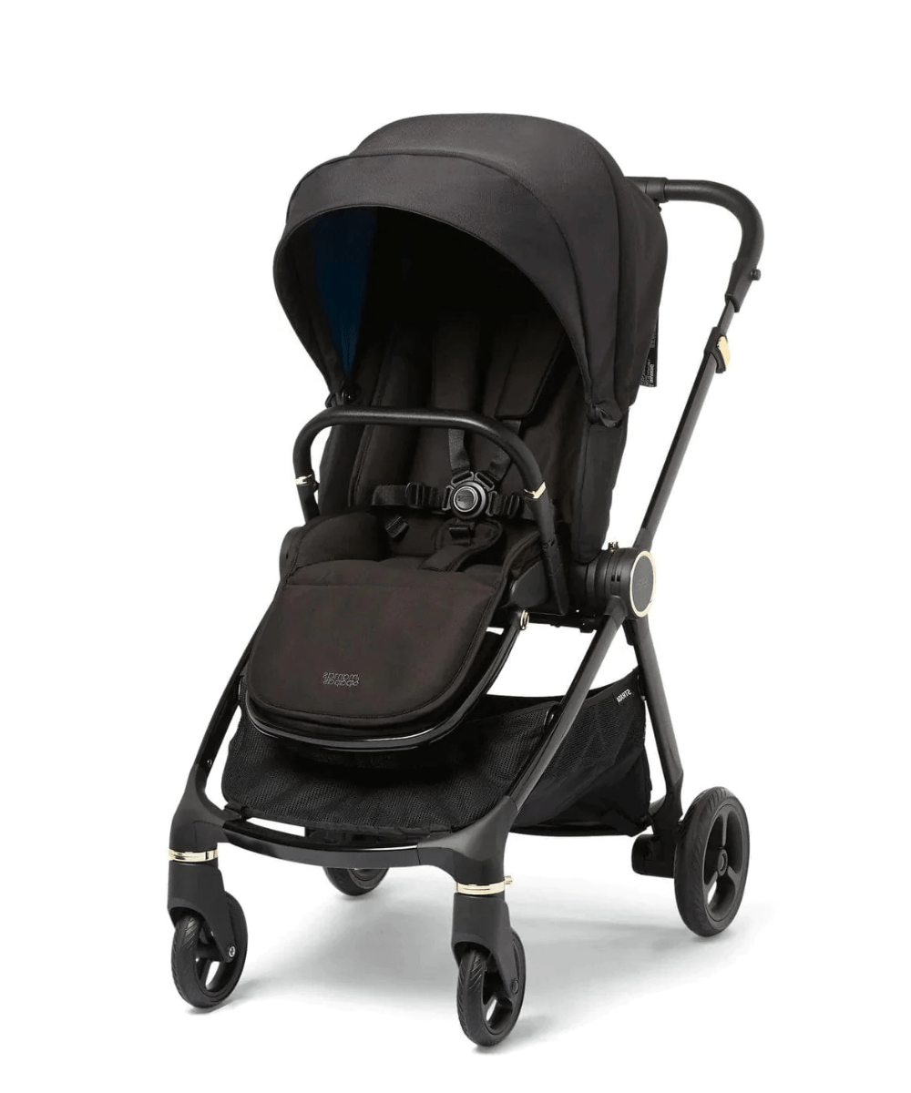 Black stroller with padded seat, large canopy, and front swivel wheels