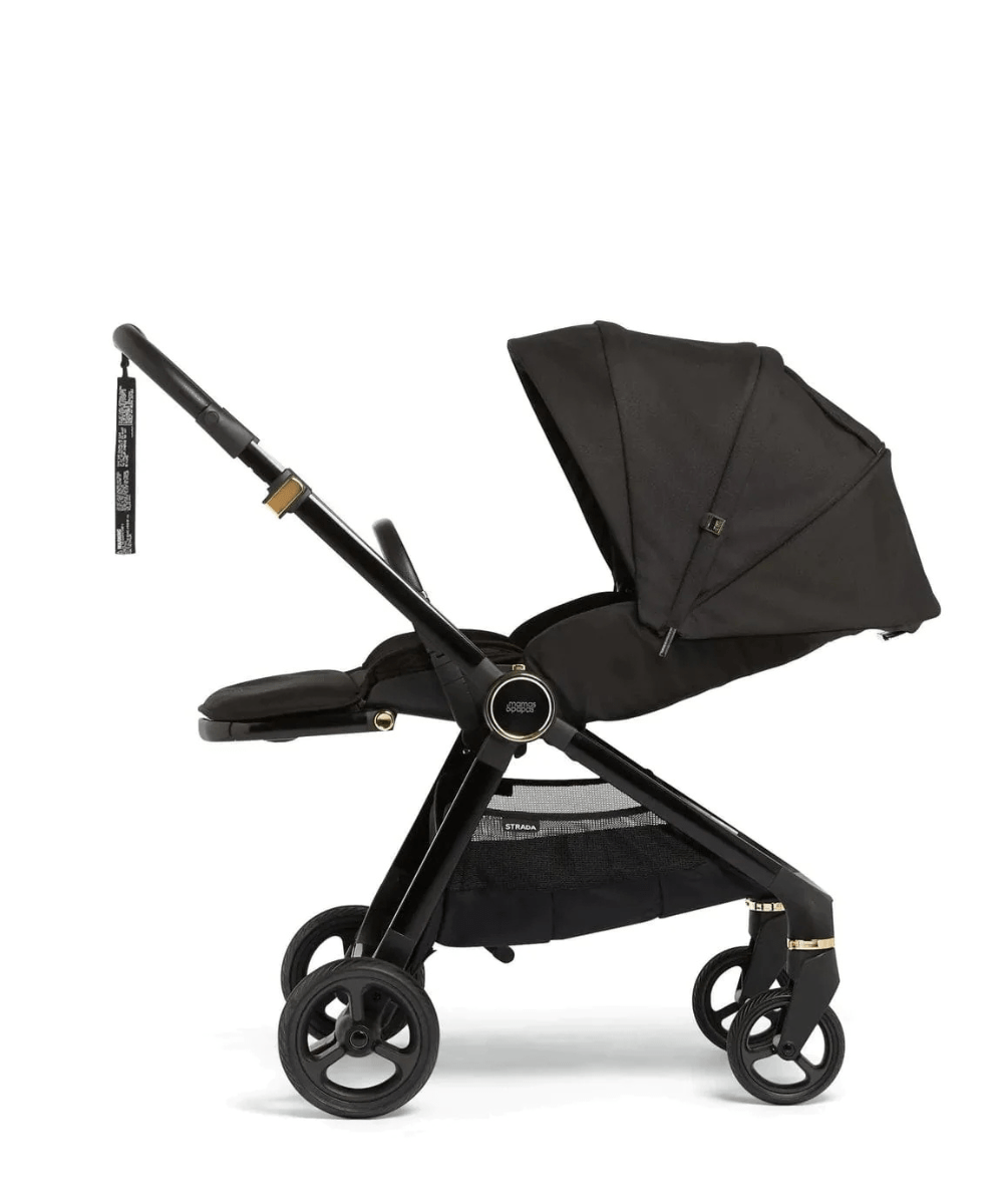 Black stroller with canopy and reclined seat, adjustable handle and wheels