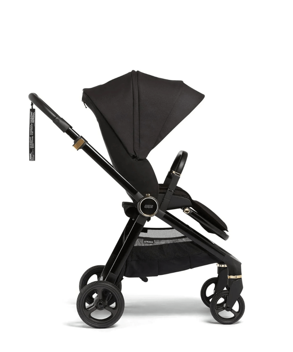 Black stroller with canopy, multi-wheel base, and front bar