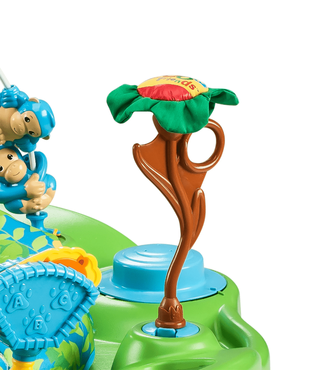 Green parrot toy on brown tree base for activity center with blue platform stand
