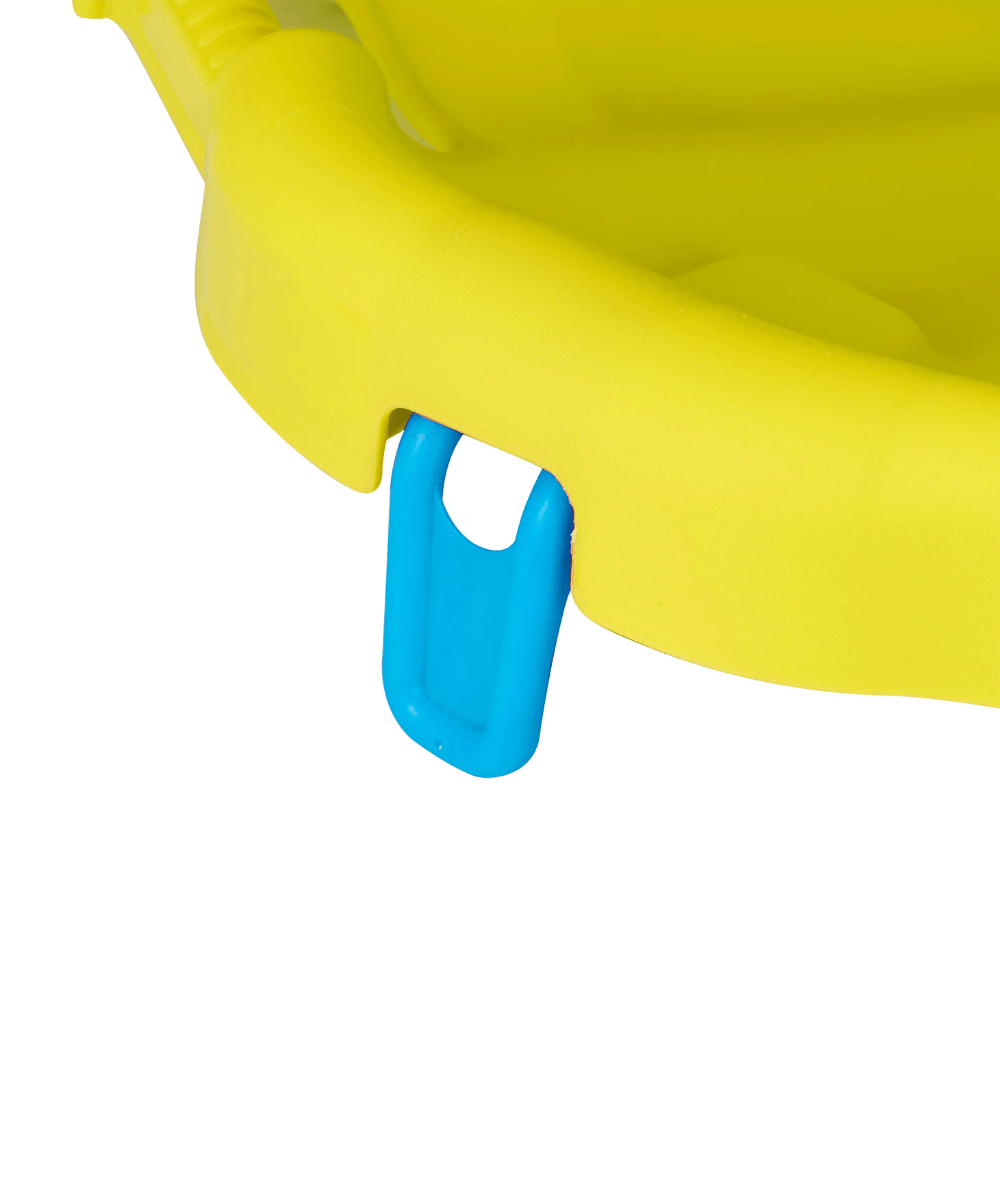 Yellow activity center tray base with blue hanging handle attachment beneath