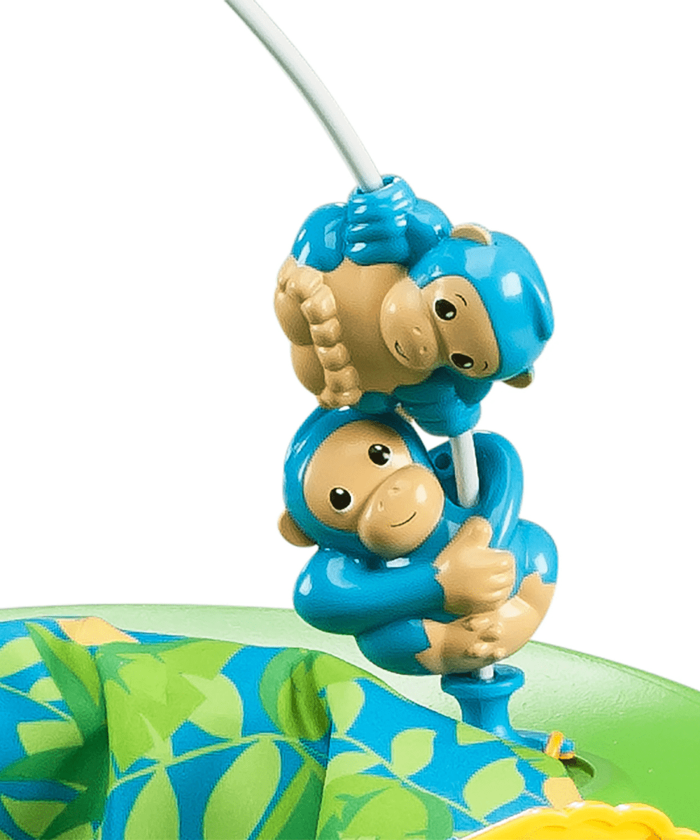 Blue animal figures on activity center play dome with textured green leaf-pattern mat