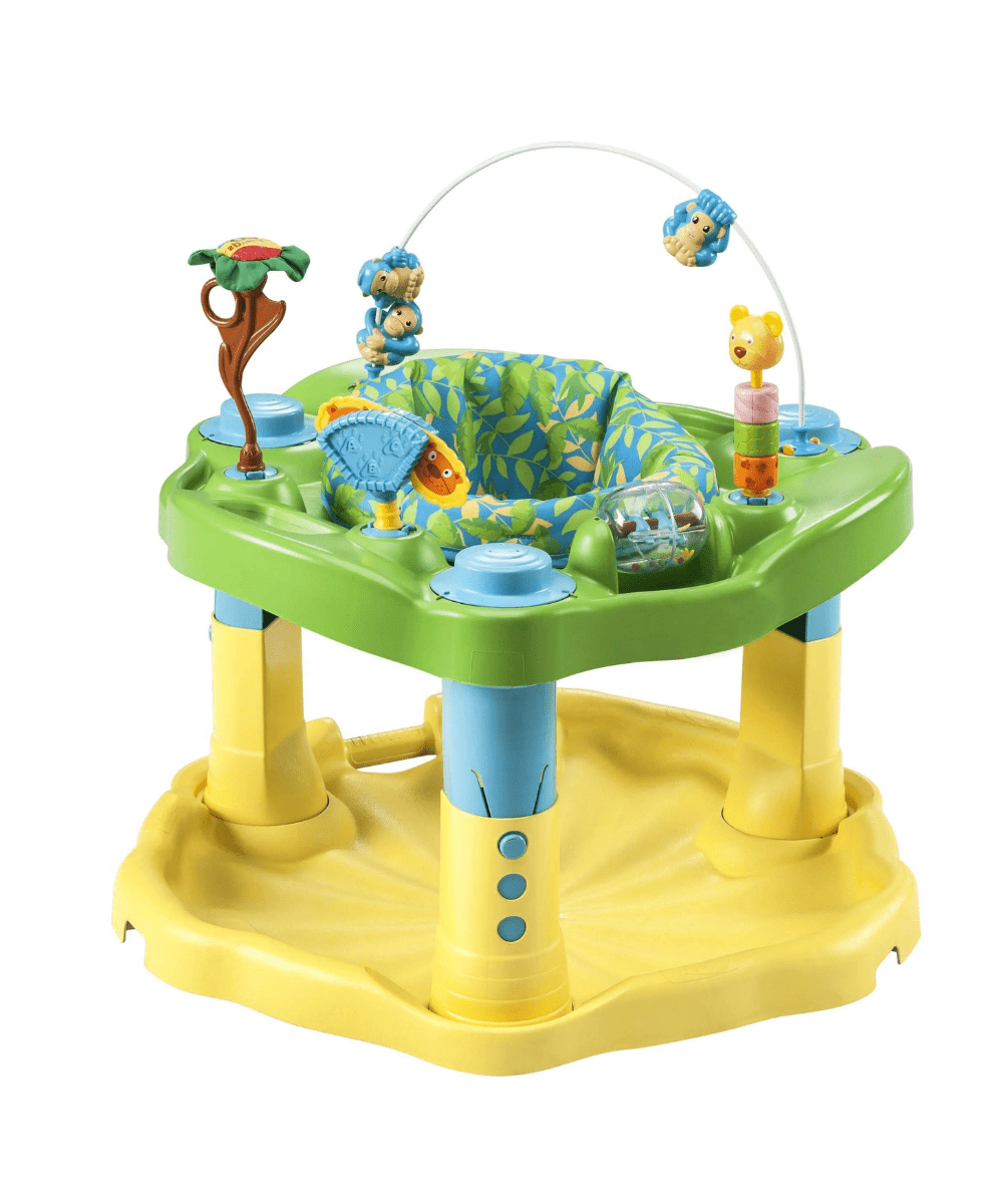 Colorful kids activity center with raised play tray, animal toys, and curved arch bar